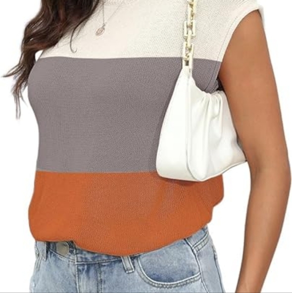 Summer Casual Loose Knit Cap Sleeve Sweater Vest B-color Block Brown - Picture 4 of 6